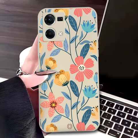 Oppo Reno 7 4G Cover - Off White - D2 - ONation Floral Series - HQ Liquid Silicone Soft Case