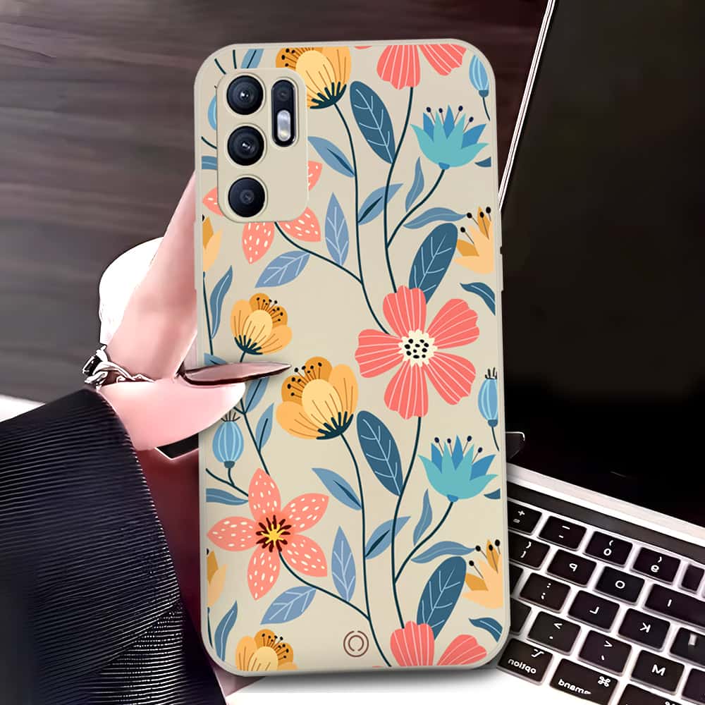 Oppo Reno 6 Cover - Off White - D2 - ONation Floral Series - HQ Liquid Silicone Soft Case