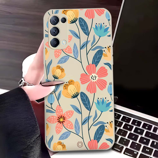 Oppo Reno 5 4G Cover - Off White - D2 - ONation Floral Series - HQ Liquid Silicone Soft Case