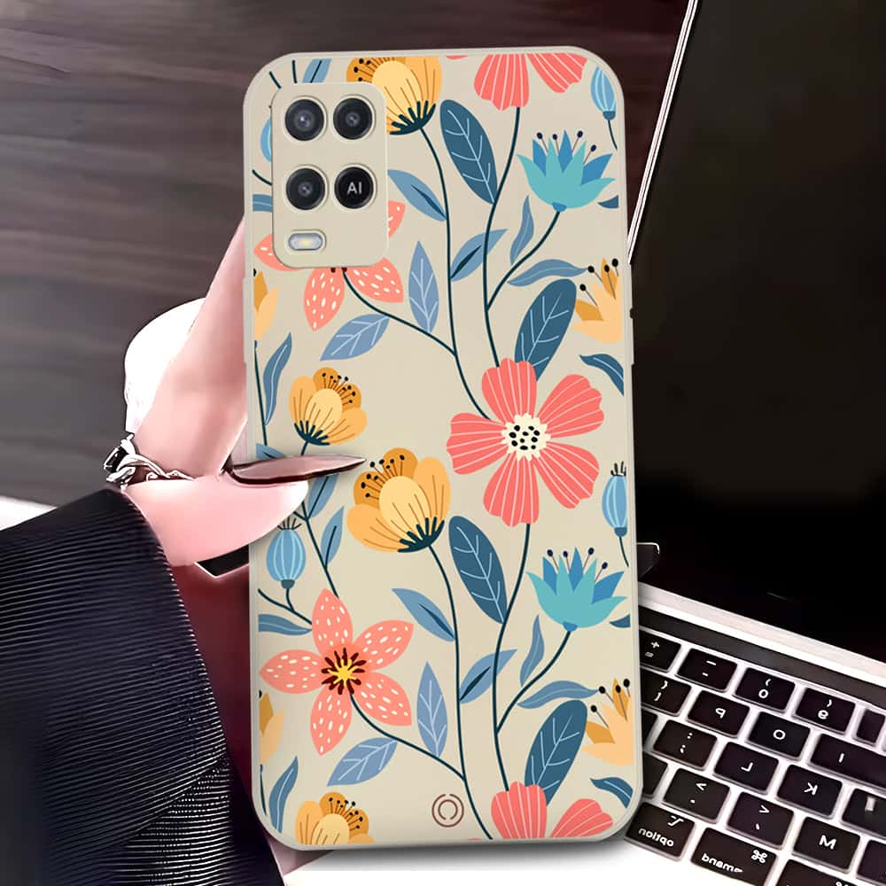 Oppo A54 4G Cover - Off White - D2 - ONation Floral Series - HQ Liquid Silicone Soft Case