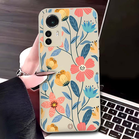 Xiaomi 12 Cover - Off White - D2 - ONation Floral Series - HQ Liquid Silicone Soft Case
