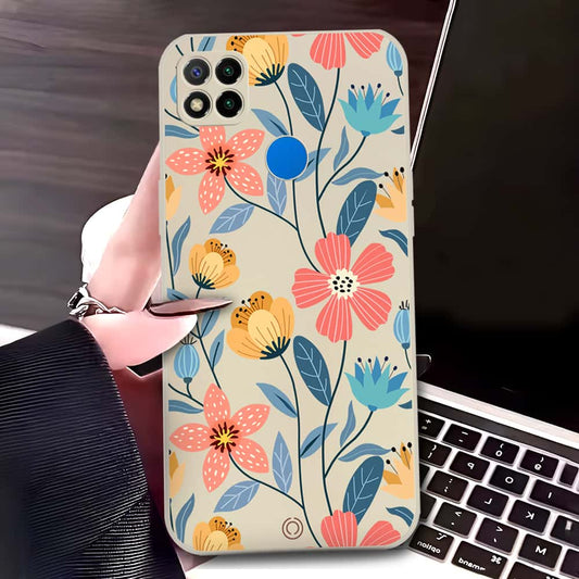 Xiaomi Redmi 9C Cover - Off White - D2 - ONation Floral Series - HQ Liquid Silicone Soft Case
