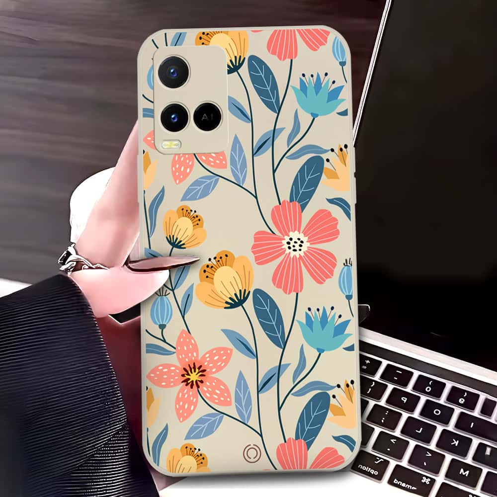 Vivo Y33t Cover - Off White - D2 - ONation Floral Series - HQ Liquid Silicone Soft Case