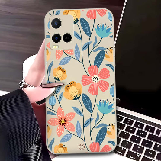 Vivo Y33t Cover - Off White - D2 - ONation Floral Series - HQ Liquid Silicone Soft Case