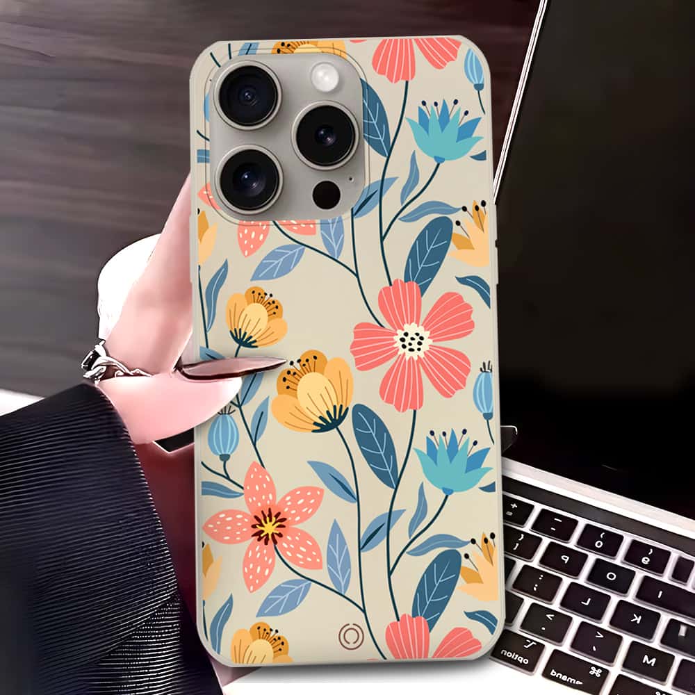 iPhone 15 Pro Max Cover - Off White - D2 - ONation Floral Series - HQ Liquid Silicone Soft Case