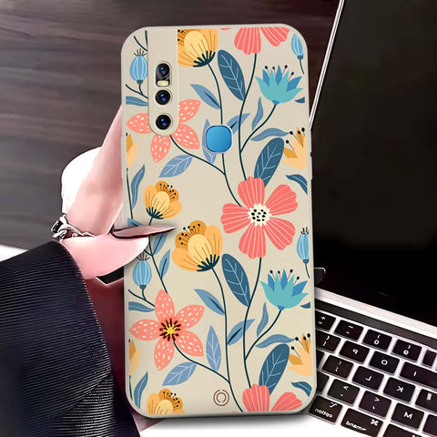 Vivo V15 Cover - Off White - D2 - ONation Floral Series - HQ Liquid Silicone Soft Case