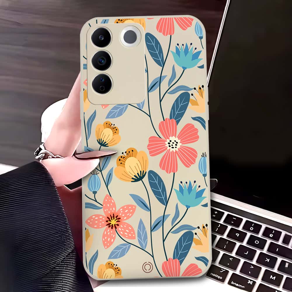 Vivo V27e Cover - Off White - D2 - ONation Floral Series - HQ Liquid Silicone Soft Case (Fast Delivery)(U)