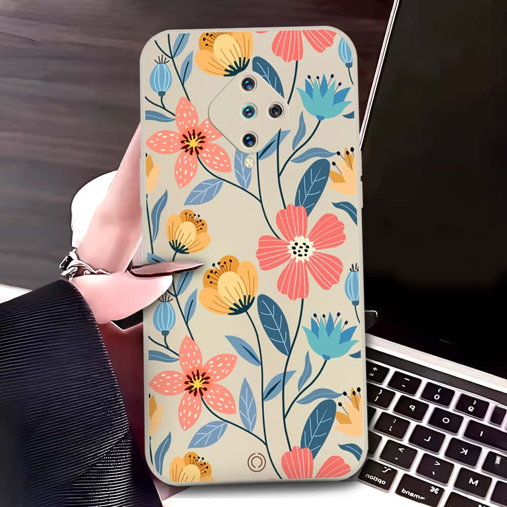 Vivo S1 Pro Cover - Off White - D2 - ONation Floral Series - HQ Liquid Silicone Soft Case