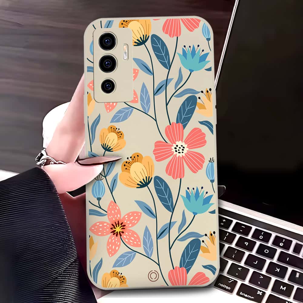 Vivo V23e 5G Cover - Off White - D2 - ONation Floral Series - HQ Liquid Silicone Soft Case