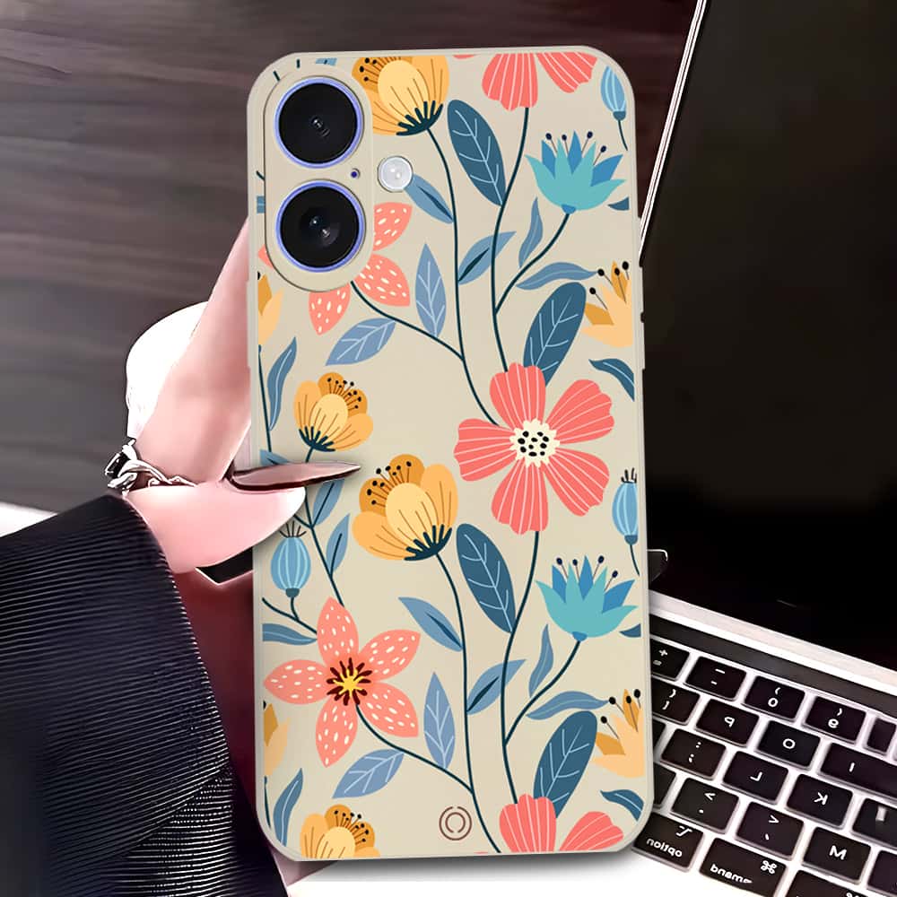 iPhone 16 Cover - Off White - D2 - ONation Floral Series - HQ Liquid Silicone Soft Case