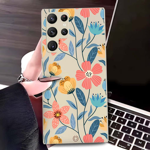 Samsung Galaxy S22 Ultra 5G Cover - Off White - D2 - ONation Floral Series - HQ Liquid Silicone Soft Case