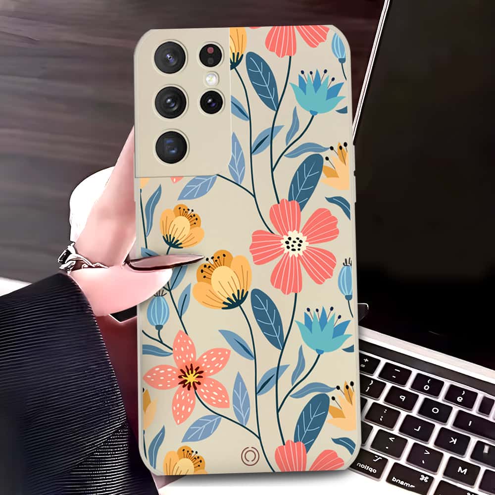 Samsung Galaxy S21 Ultra 5G Cover - Off White - D2 - ONation Floral Series - HQ Liquid Silicone Soft Case