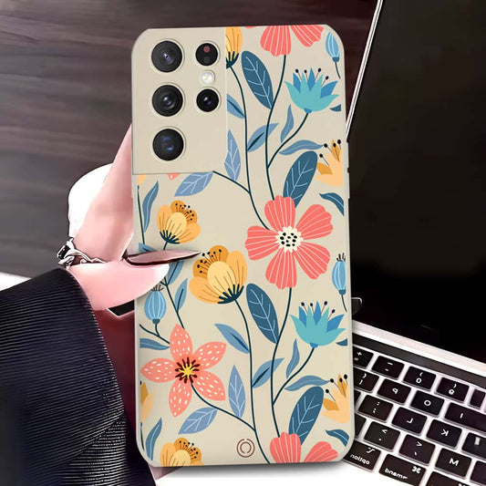 Samsung Galaxy S21 Ultra 5G Cover - Off White - D2 - ONation Floral Series - HQ Liquid Silicone Soft Case
