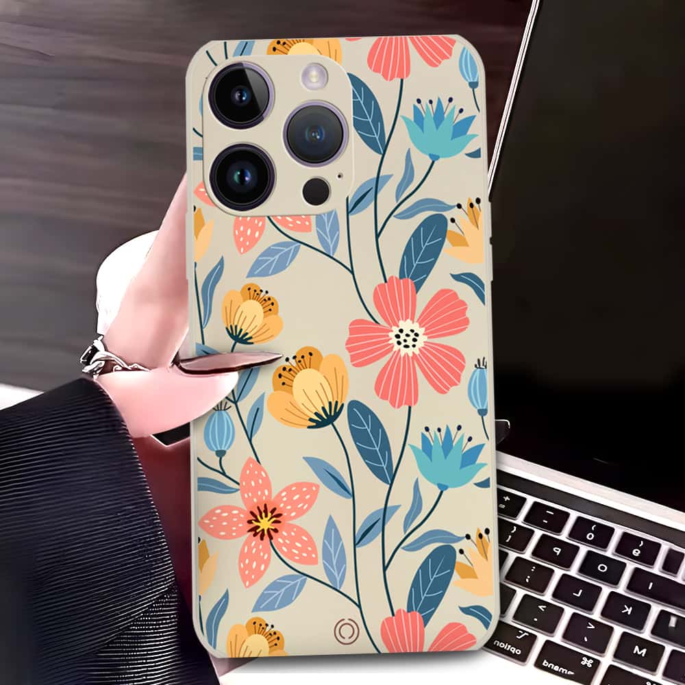 iPhone 14 Pro Max Cover - Off White - D2 - ONation Floral Series - HQ Liquid Silicone Soft Case