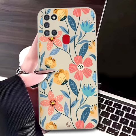 Samsung Galaxy A21s Cover - Off White - D2 - ONation Floral Series - HQ Liquid Silicone Soft Case