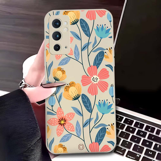 OnePlus 9RT 5G Cover - Off White - D2 - ONation Floral Series - HQ Liquid Silicone Soft Case