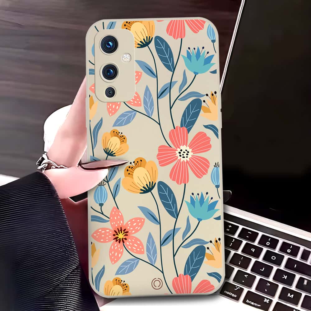OnePlus 9 Cover - Off White - D2 - ONation Floral Series - HQ Liquid Silicone Soft Case