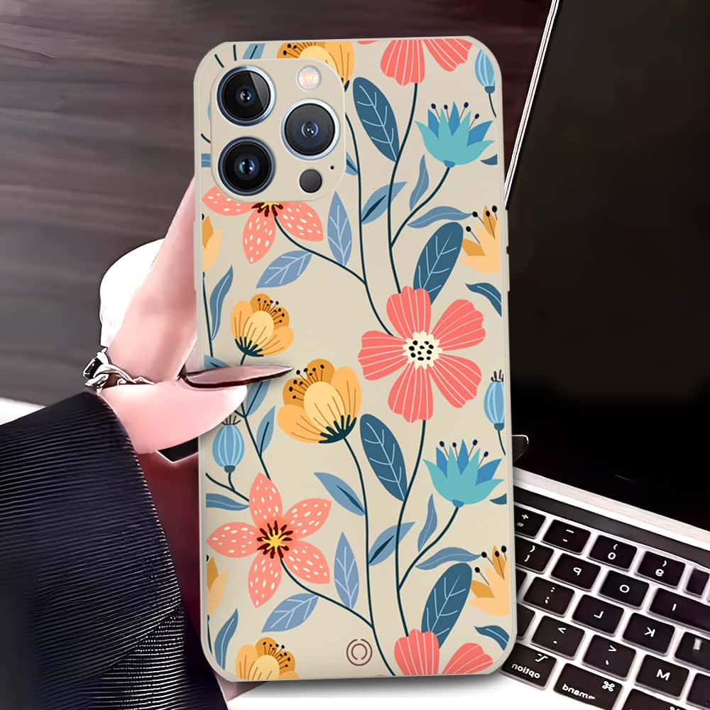 iPhone 13 Pro Max Cover - Off White - D2 - ONation Floral Series - HQ Liquid Silicone Soft Case