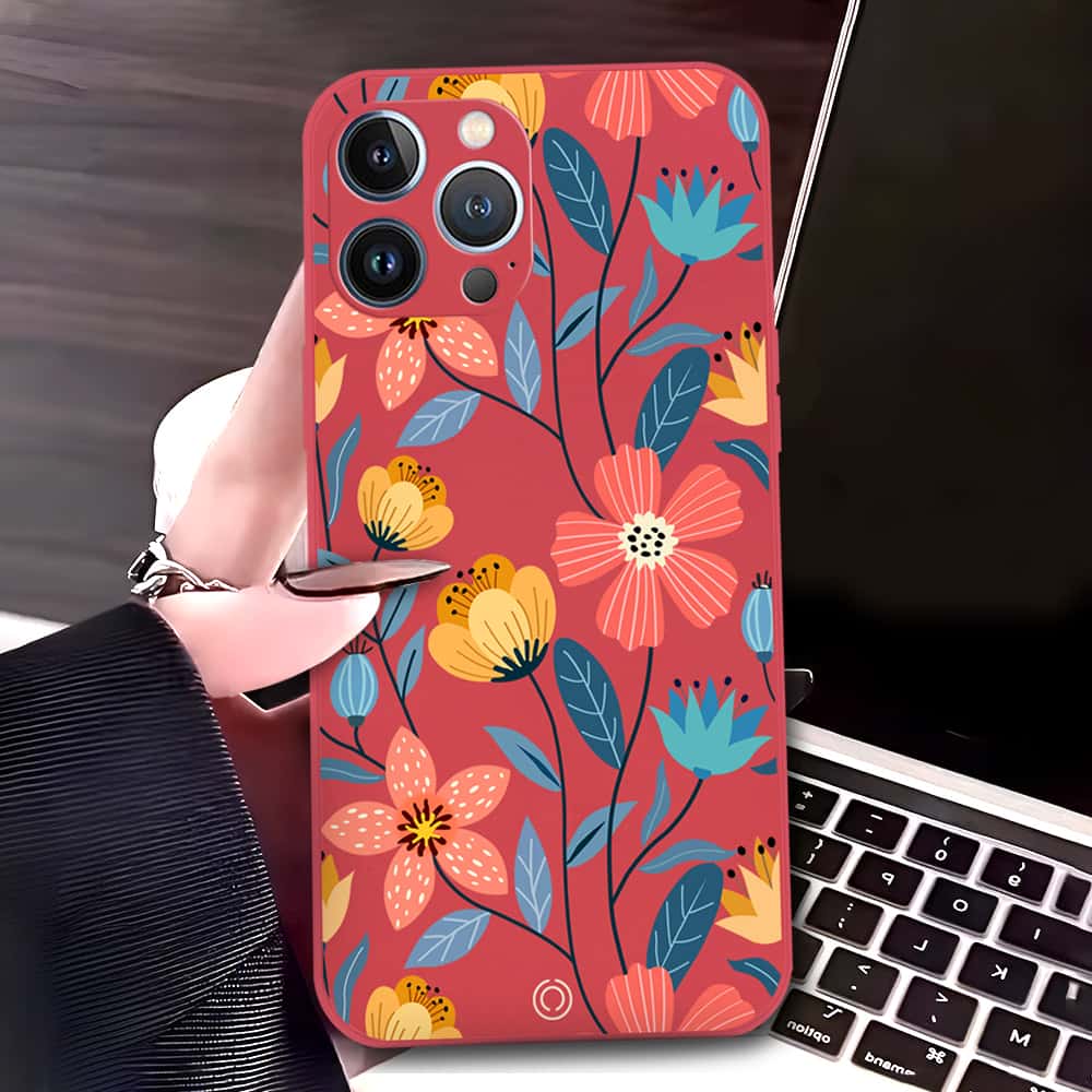 iPhone 13 Pro Cover - Red - D2 - ONation Floral Series - HQ Liquid Silicone Soft Case