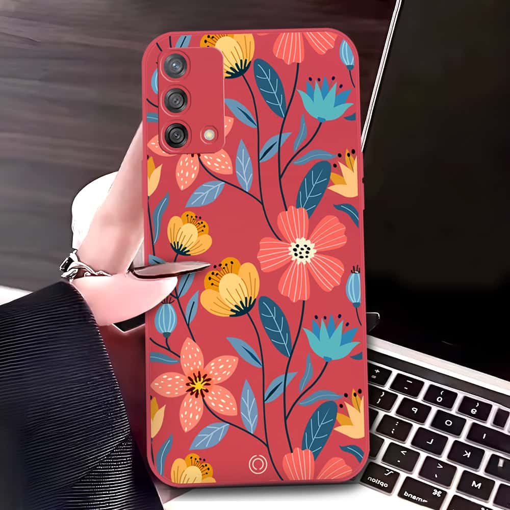 Oppo A95 Cover - Red - D2 - ONation Floral Series - HQ Liquid Silicone Soft Case
