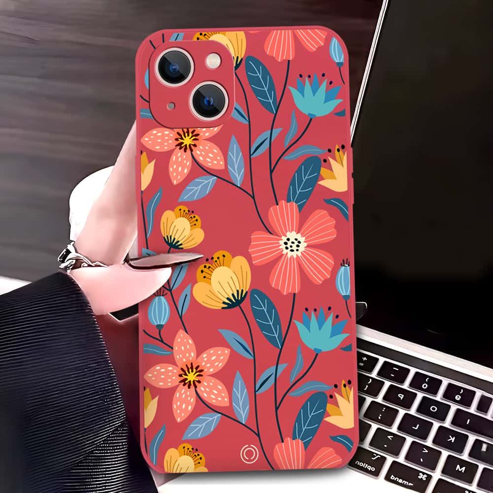 iPhone 13 Mini Cover - Red - D2 - ONation Floral Series - HQ Liquid Silicone Soft Case
