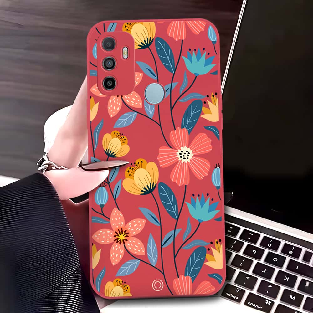 Oppo A53 Cover - Red - D2 - ONation Floral Series - HQ Liquid Silicone Soft Case