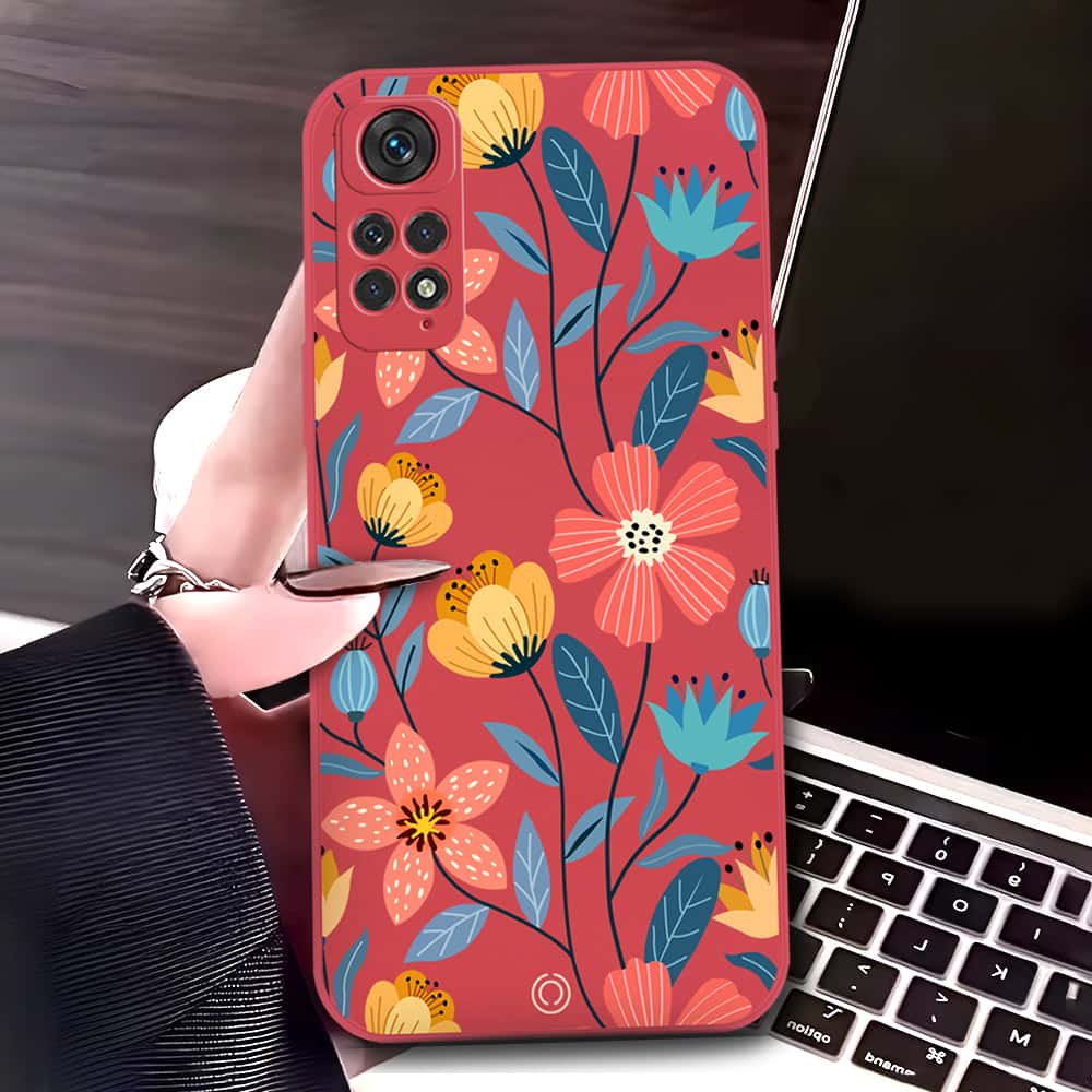 Xiaomi Redmi Note 11 4G Cover - Red - D2 - ONation Floral Series - HQ Liquid Silicone Soft Case