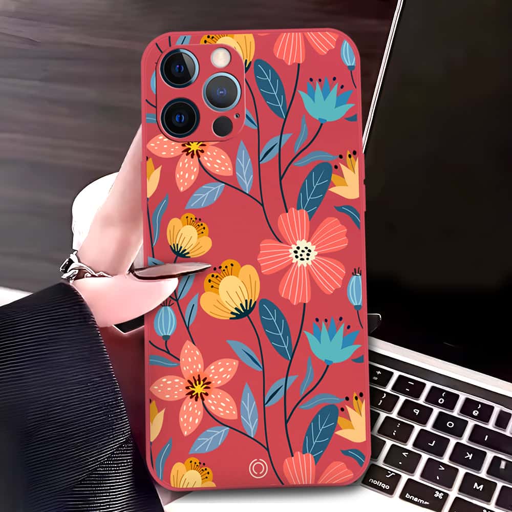 iPhone 12 Pro Cover - Red - D2 - ONation Floral Series - HQ Liquid Silicone Soft Case