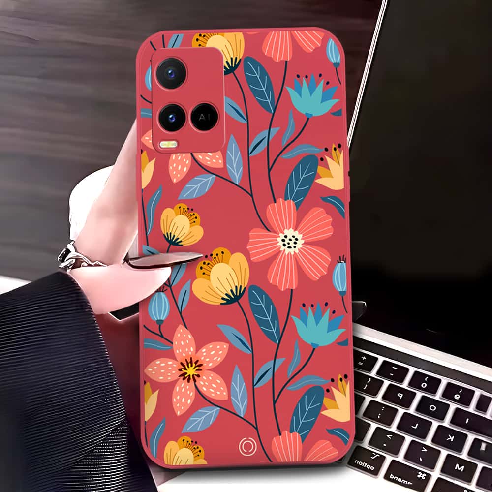 Vivo Y21s Cover - Red - D2 - ONation Floral Series - HQ Liquid Silicone Soft Case