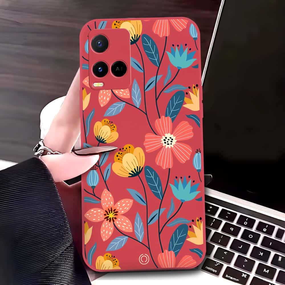 Vivo Y21e Cover - Red - D2 - ONation Floral Series - HQ Liquid Silicone Soft Case