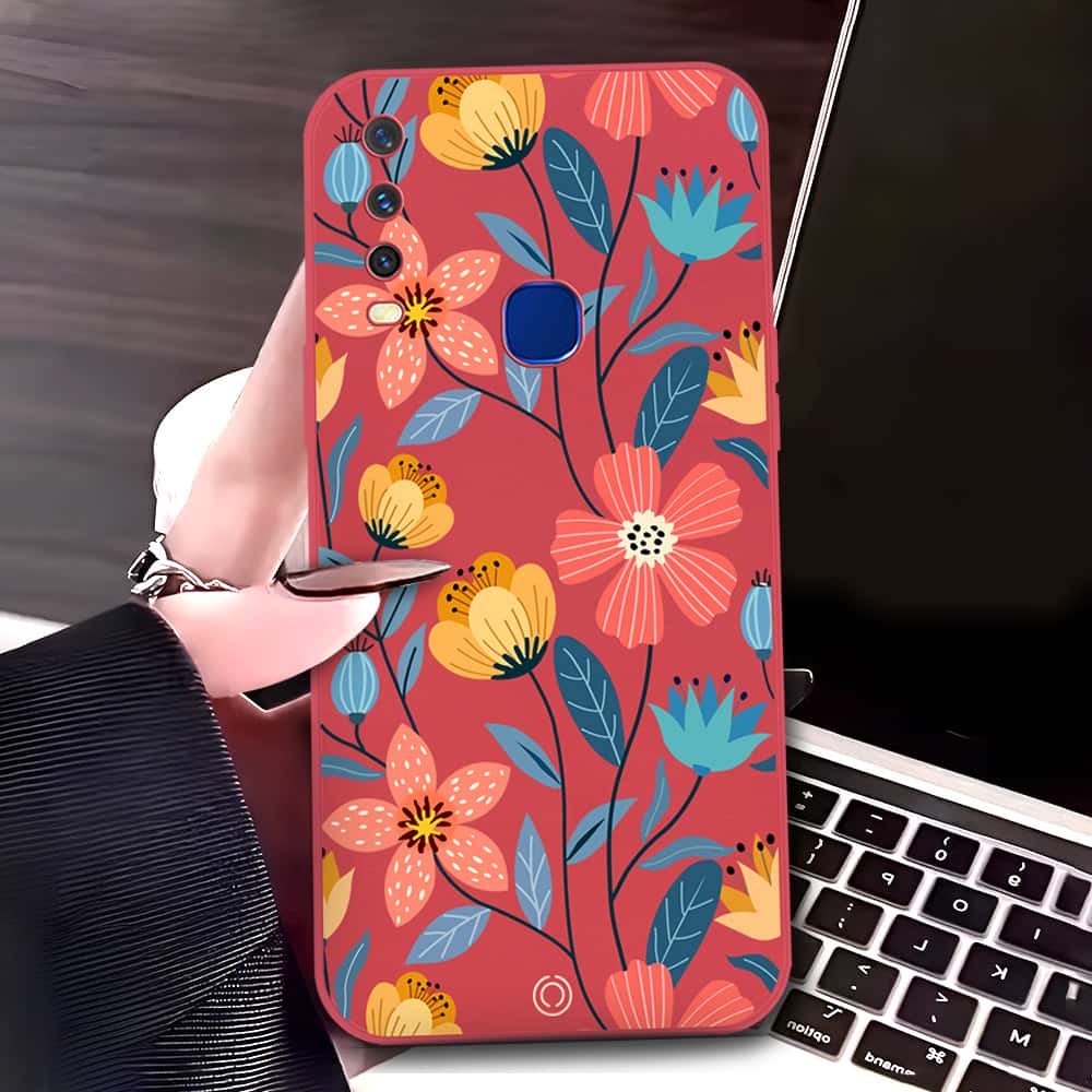 Vivo Y15 Cover - Red - D2 - ONation Floral Series - HQ Liquid Silicone Soft Case