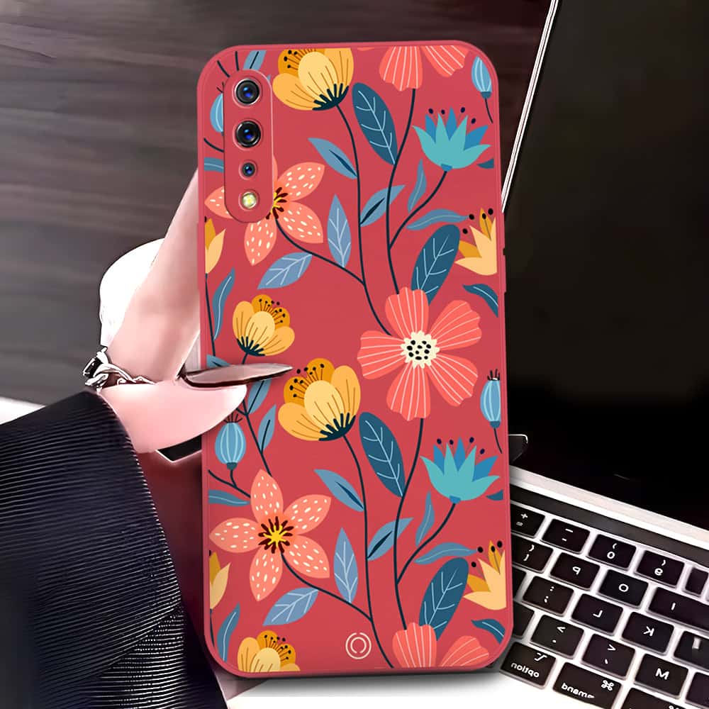 Vivo S1 Cover - Red - D2 - ONation Floral Series - HQ Liquid Silicone Soft Case
