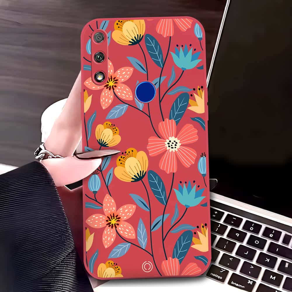 Honor 9X Cover - Red - D2 - ONation Floral Series - HQ Liquid Silicone Soft Case