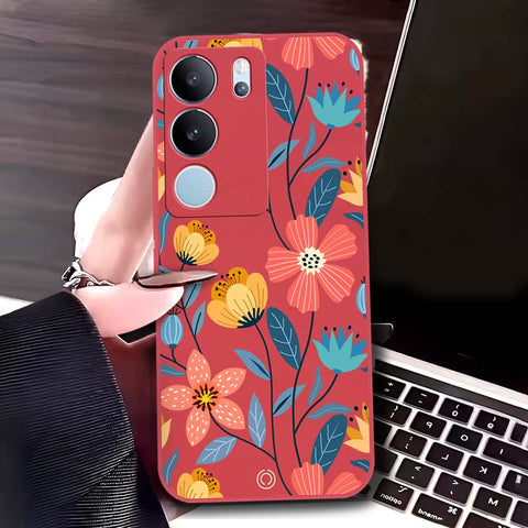 Vivo V29 Pro Cover - Red - D2 - ONation Floral Series - HQ Liquid Silicone Soft Case