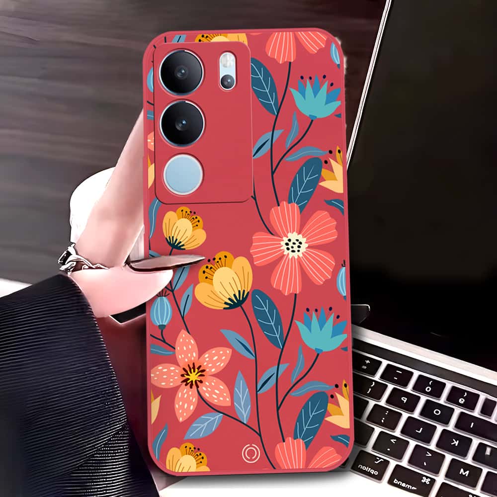Vivo S17t Cover - Red - D2 - ONation Floral Series - HQ Liquid Silicone Soft Case