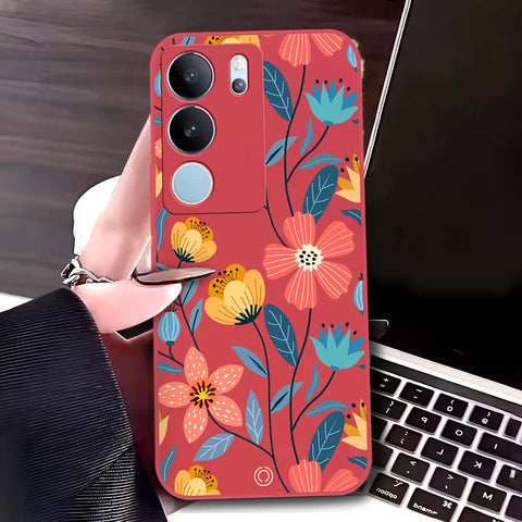 Vivo S17t Cover - Red - D2 - ONation Floral Series - HQ Liquid Silicone Soft Case