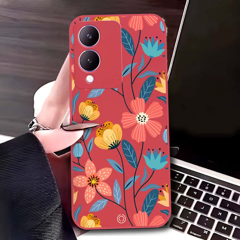 Vivo Y17s Cover - Red - D2 - ONation Floral Series - HQ Liquid Silicone Soft Case