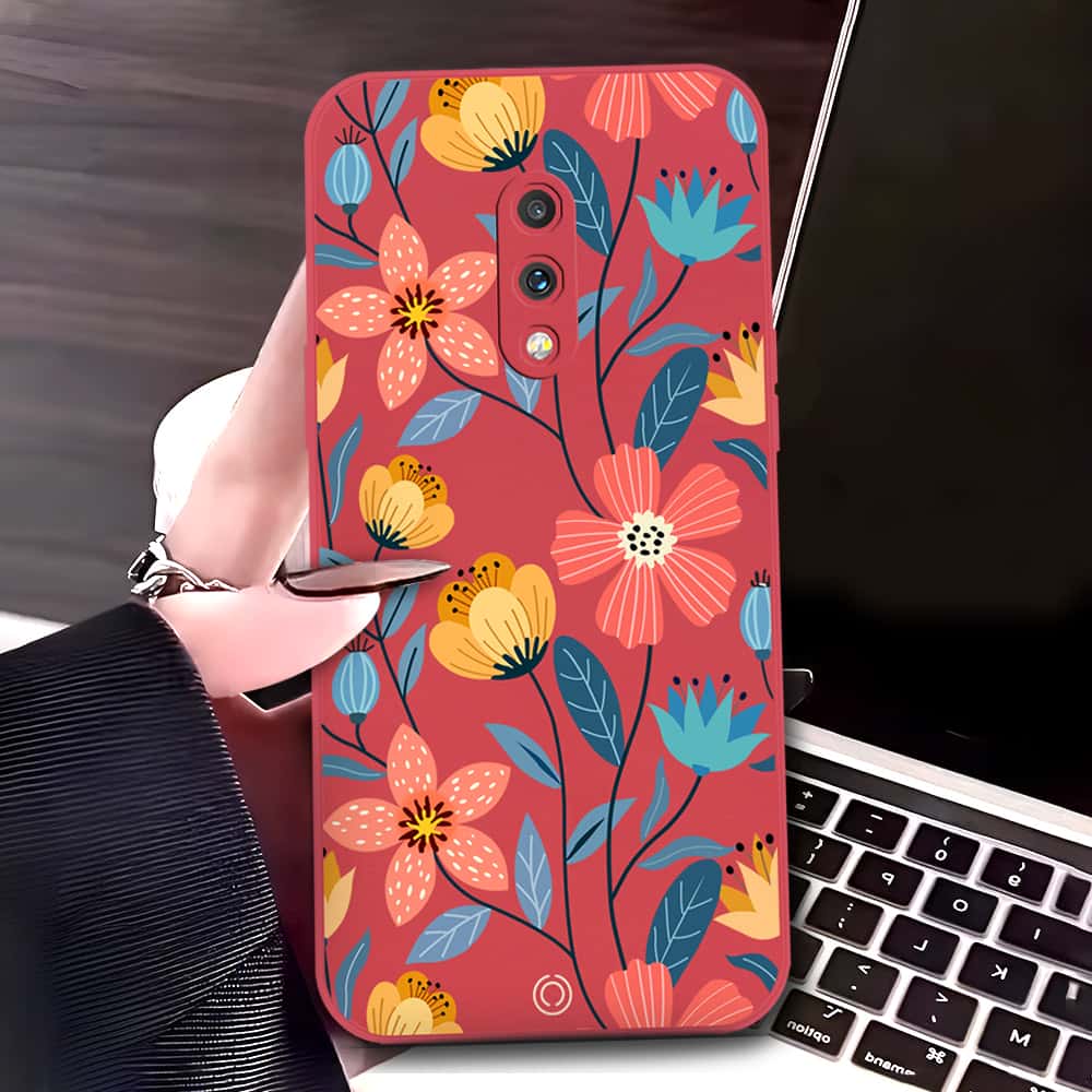 OnePlus 7 Cover - Red - D2 - ONation Floral Series - HQ Liquid Silicone Soft Case