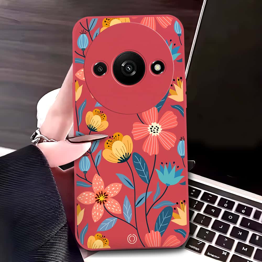 Xiaomi Redmi A3 Cover - Red - D2 - ONation Floral Series - HQ Liquid Silicone Soft Case