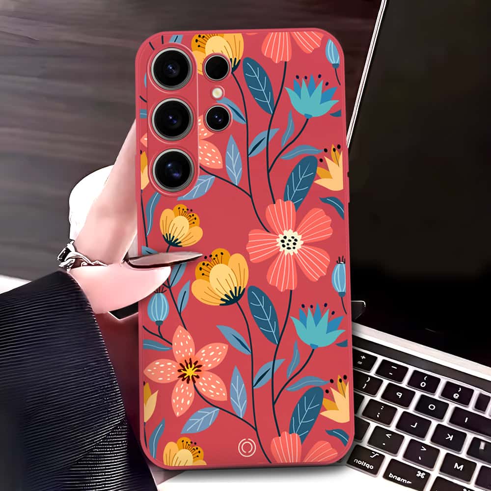 Samsung Galaxy S24 Ultra Cover - Red - D2 - ONation Floral Series - HQ Liquid Silicone Soft Case