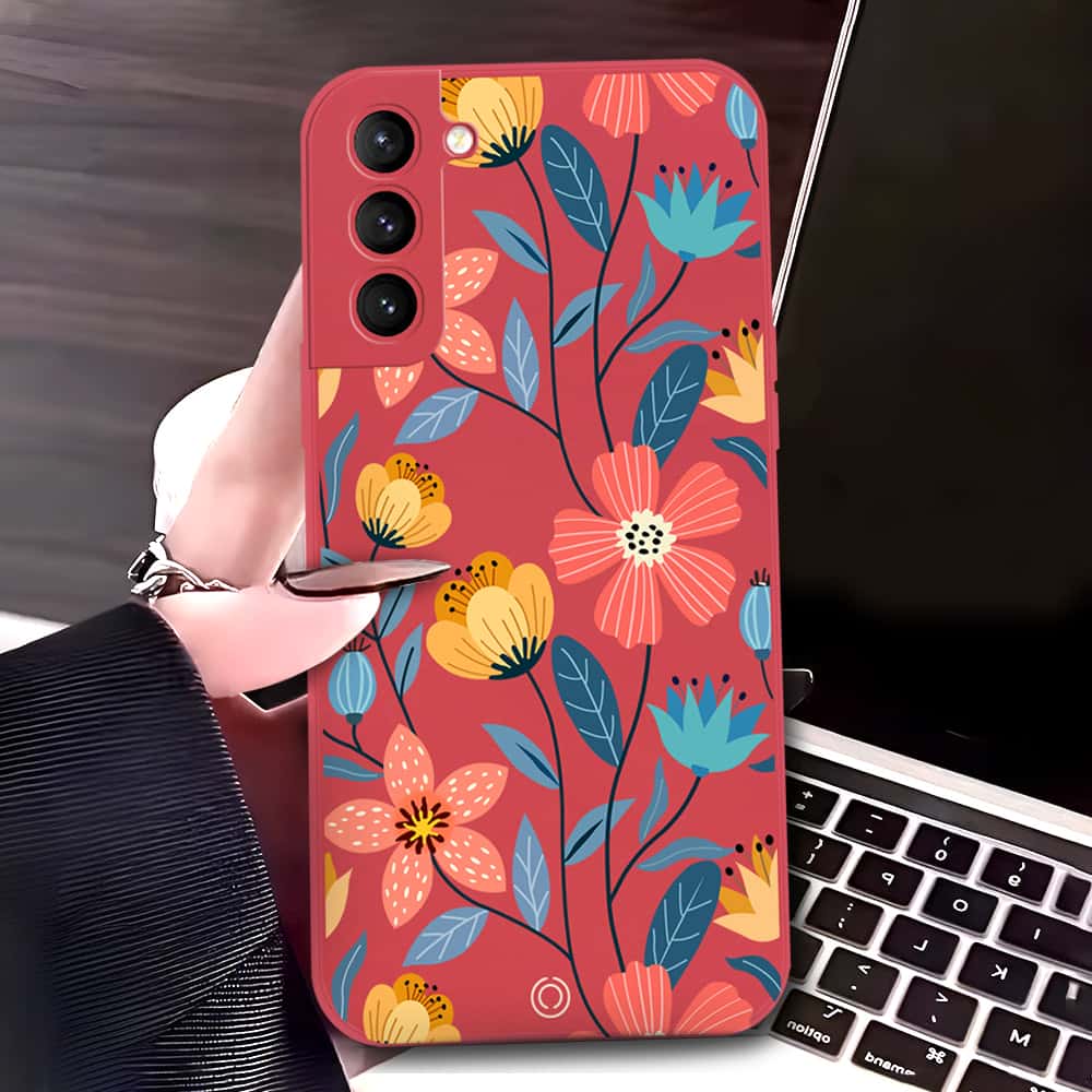 Samsung Galaxy S21 5G Cover - Red - D2 - ONation Floral Series - HQ Liquid Silicone Soft Case