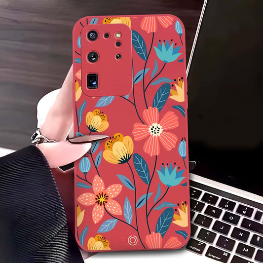 Samsung Galaxy S20 Ultra Cover - Red - D2 - ONation Floral Series - HQ Liquid Silicone Soft Case