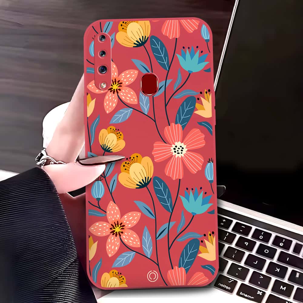 Samsung Galaxy A20s Cover - Red - D2 - ONation Floral Series - HQ Liquid Silicone Soft Case