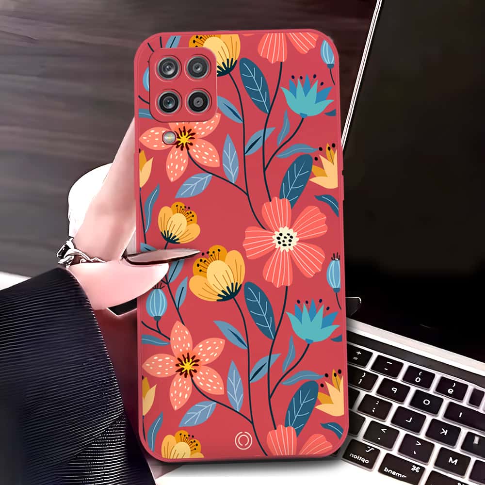 Samsung Galaxy A12 Nacho Cover - Red - D2 - ONation Floral Series - HQ Liquid Silicone Soft Case