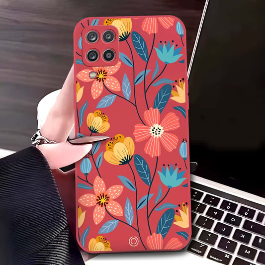 Samsung Galaxy A12 Cover - Red - D2 - ONation Floral Series - HQ Liquid Silicone Soft Case
