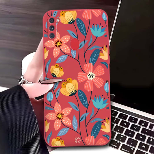 Samsung Galaxy A11 Cover - Red - D2 - ONation Floral Series - HQ Liquid Silicone Soft Case