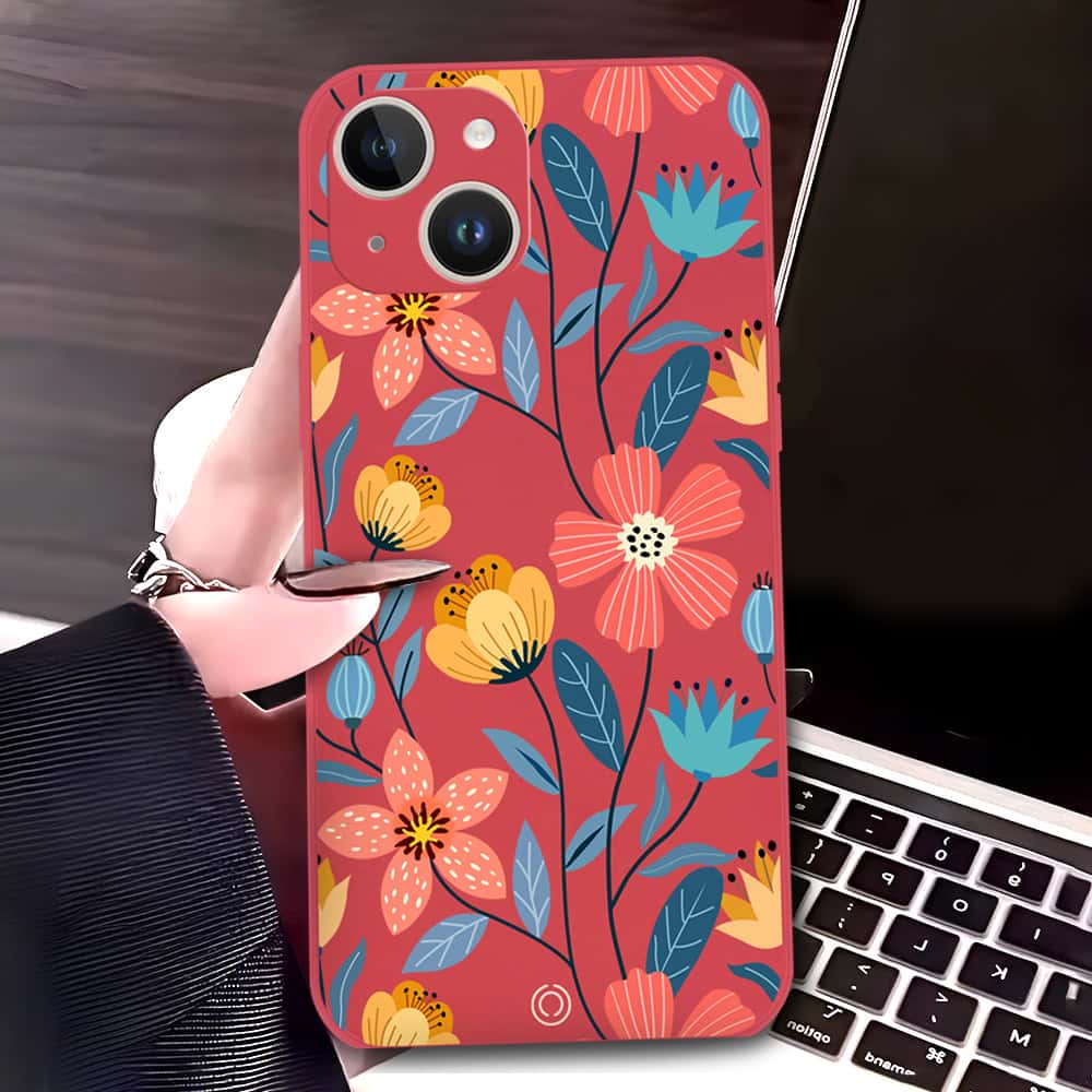 iPhone 14 Cover - Red - D2 - ONation Floral Series - HQ Liquid Silicone Soft Case