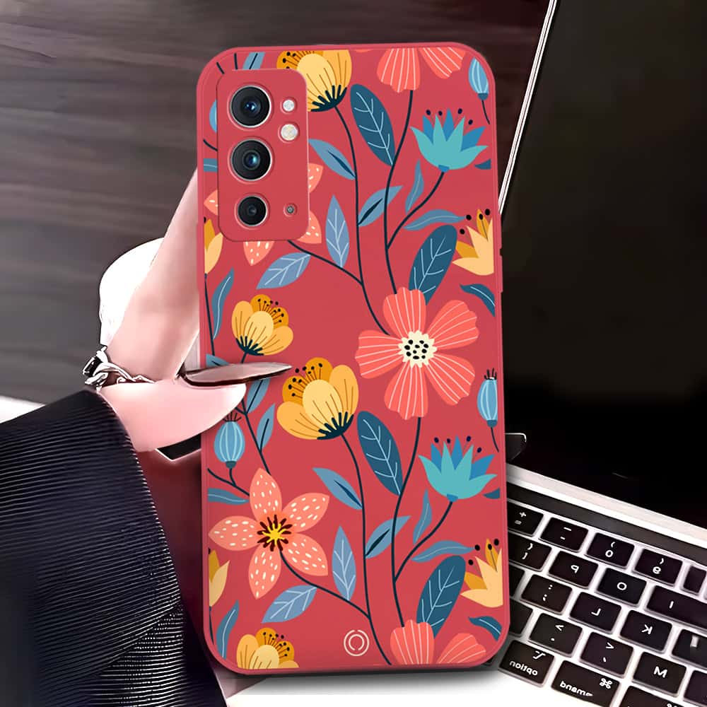 OnePlus 9RT 5G Cover - Red - D2 - ONation Floral Series - HQ Liquid Silicone Soft Case
