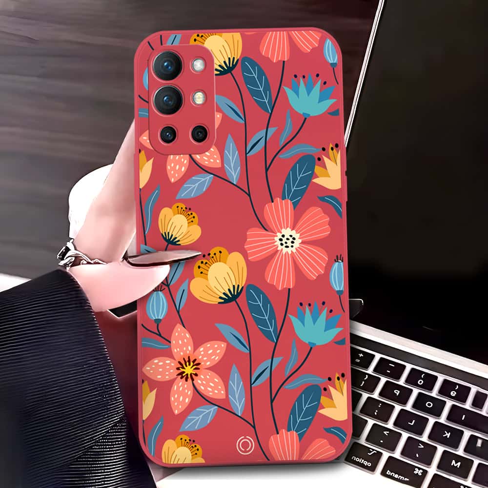 OnePlus 9R Cover - Red - D2 - ONation Floral Series - HQ Liquid Silicone Soft Case
