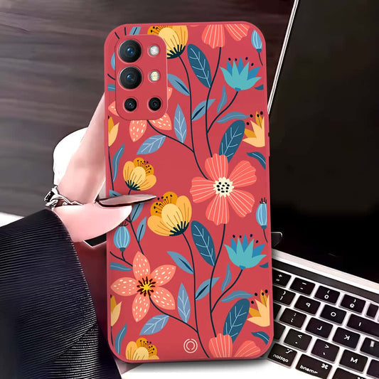 OnePlus 9R Cover - Red - D2 - ONation Floral Series - HQ Liquid Silicone Soft Case